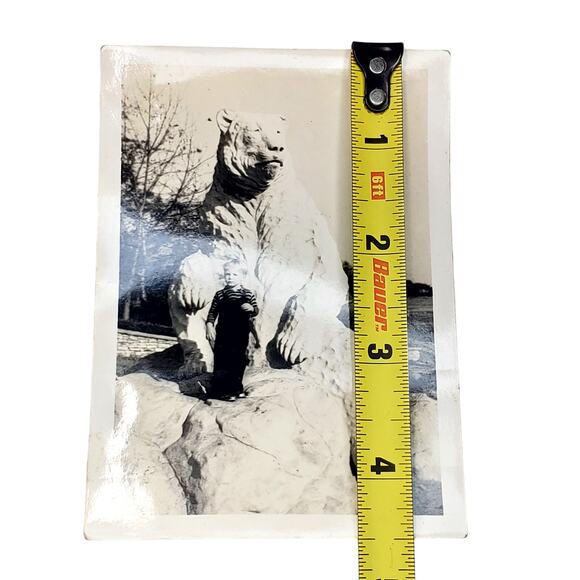 Vtg Boy Short Faced Bear Statue B&W Monochrome Photo 1940s Found Snapshot - Picture 3 of 4